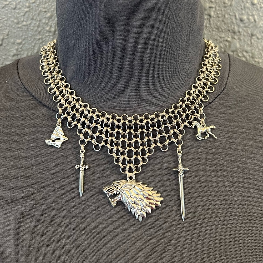 Arya Stark Handmade Chainmail Character Necklace Game of Thrones Direwolf